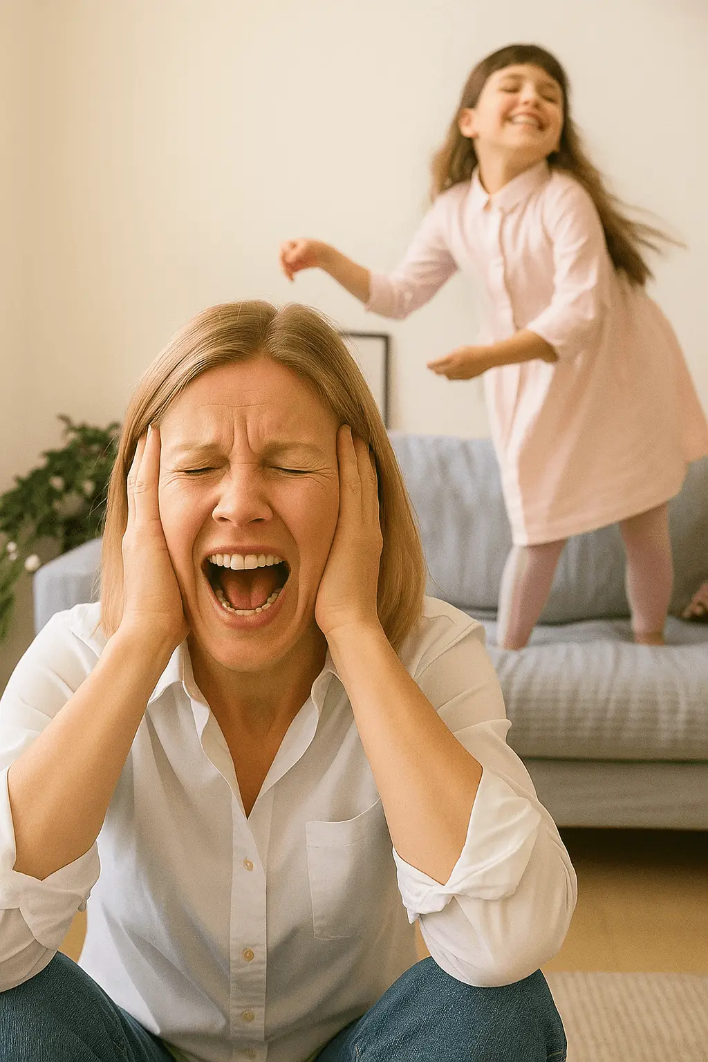 Mor som skriker av stress og utmattelse i overgangsalderen